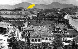 Viewing north across the Tsim Sha Tsui area in 1908, the Observatory building (indicated by an arrow) could be seen standing above the rest at a vantage point ideal for making observations.