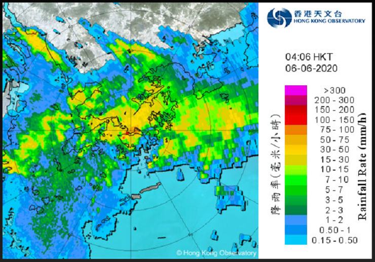 2020年6月6日上午4時06分黑色暴雨警告信號期間的雷達回波圖像