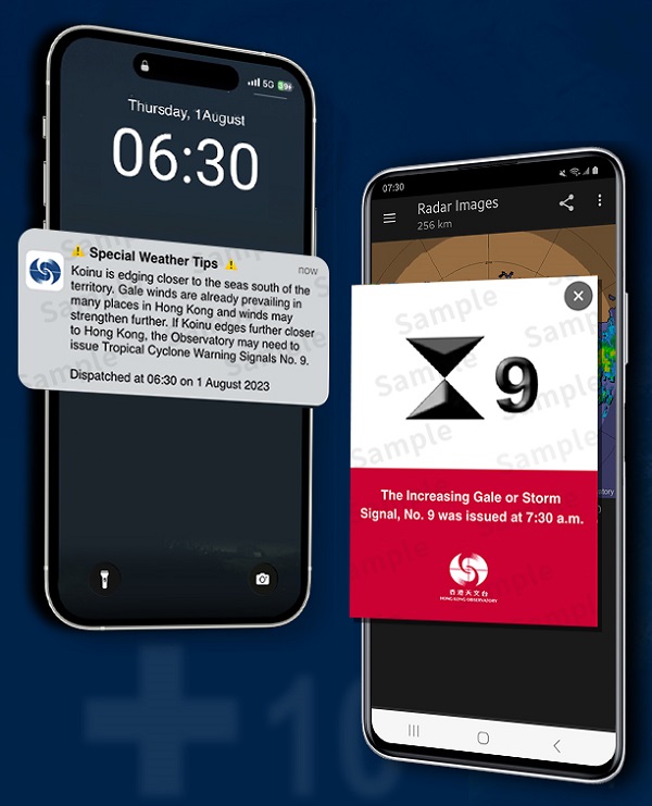 More eye-catching notification of the messages related to Tropical Cyclone Warning Signals No.9 and 10 on 'MyObservatory'