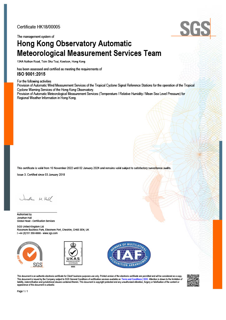 ISO Certificate for Automatic Regional Meteorological Measurement Services