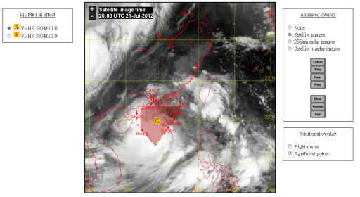 An example of Graphical SIGMET for Hong Kong FIR at about 21 UTC on 12 August 2013, with overlay of thunderstorm SIGMET, satellite image and significant points.