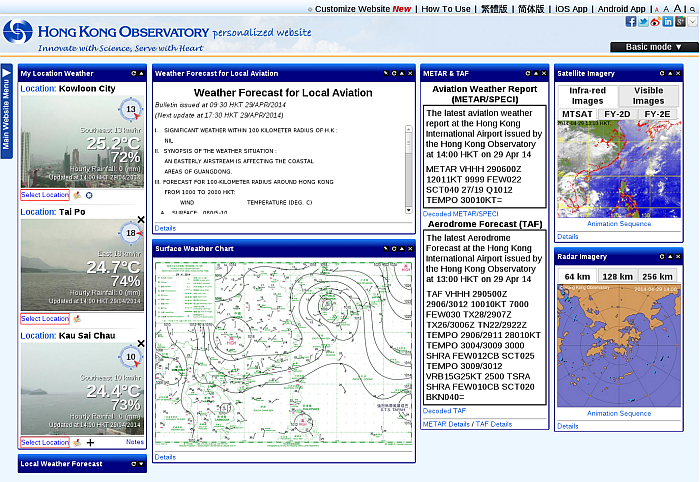 Aviation specific contents on the Observatory's personalized website (my.weather.gov.hk)