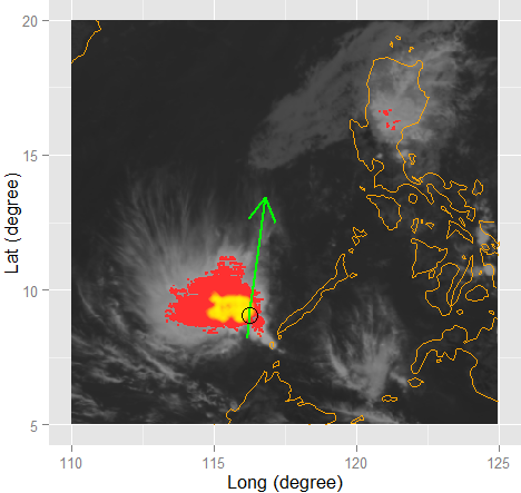 Satellite image showing area of potential small ice crystals in high concentration (highlighted in yellow) within an area of deep convection (highlighted in red).  The circle indicates the location of an aircraft encountering ice crystal icing (with flight path in green).