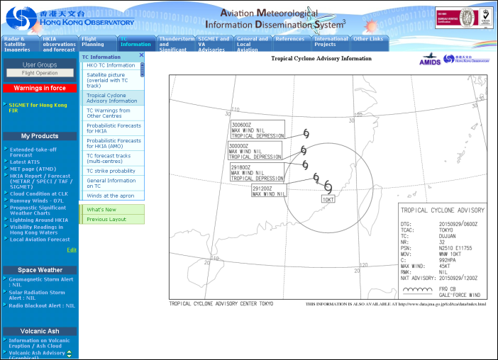 A sample of Tropical Cyclone Advisory Information in graphical format on AMIDS.
