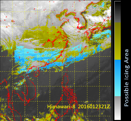 Enhanced Himawari-8 satellite imagery showing possible icing areas (blue colour) at 2100 UTC on 23 January 2016.