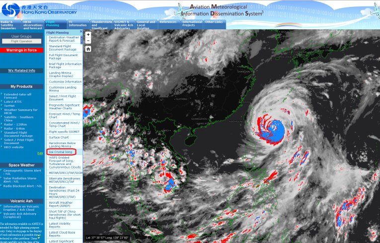 ICI product in AMIDS. Areas of potential ICI and deep convection are highlighted in blue and red respectively in the infrared satellite imagery.