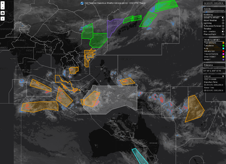 The separate monitoring page displays SIGMETs (TS, TURB, ICING, TC…etc) for improved common situation awareness.