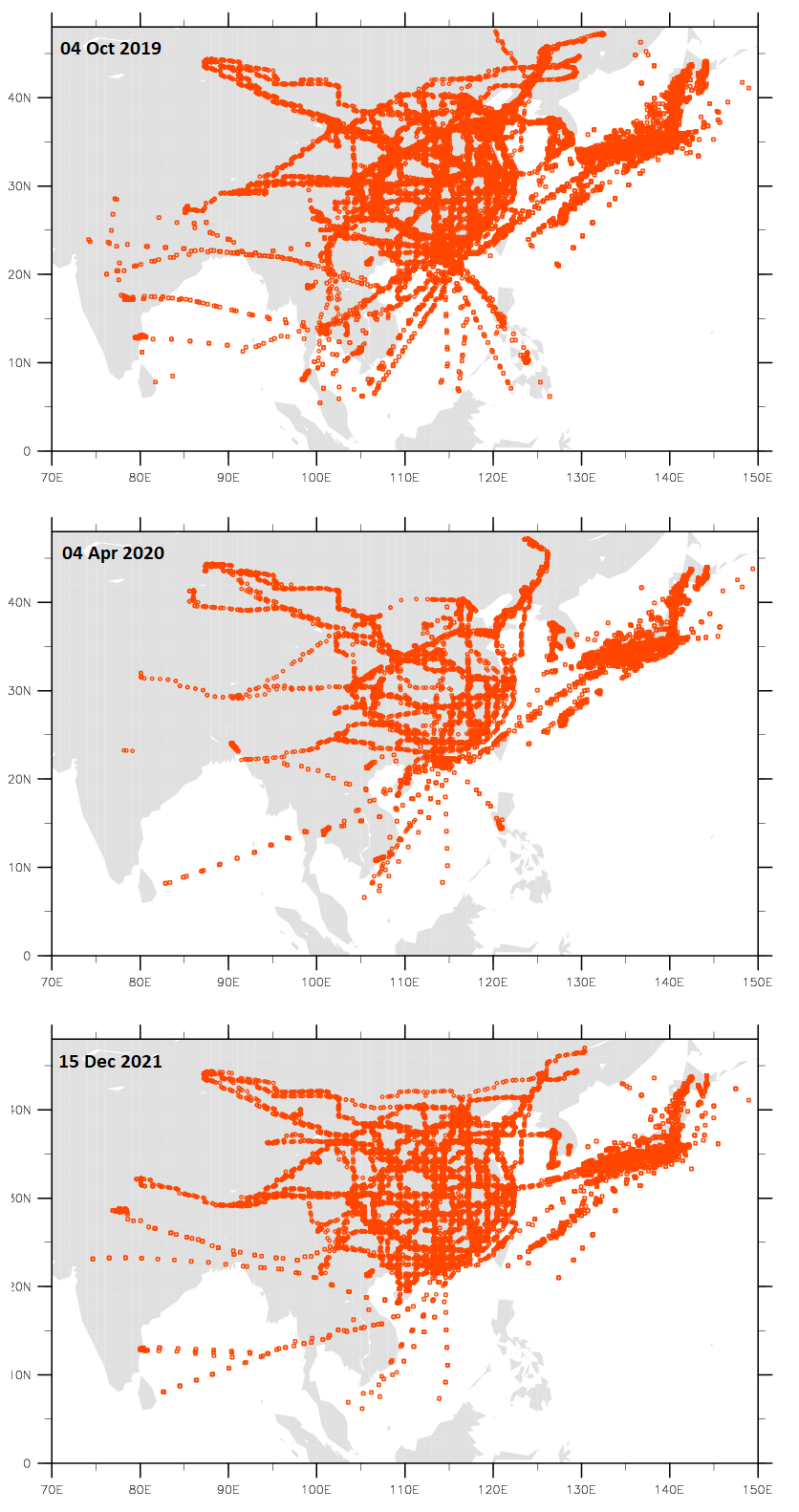 Figure 1: Aircraft-based upper-wind observations made available to the Hong Kong AMDAR Programme. Observations on 04 Oct 2019 (top) compared to that of 04 Apr 2020 (middle) and 15 Dec 2021 (bottom).