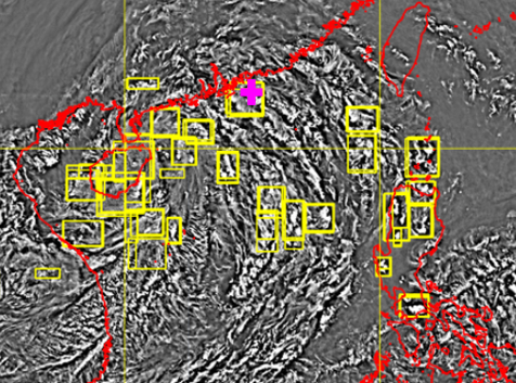 Figure 1: The high-pass filtered Himawari-8 geostationary satellite imagery at 06:40 UTC on 8 October 2021 showed convection induced AGW locations captured by the deep learning model (yellow boxes).  The pink cross sign showed the location of pilot report reporting severe turbulence.