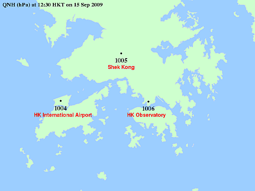 Display of QNH observations over Hong Kong