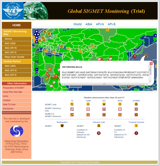 A sample layout of the Global SIGMET Monitoring website.