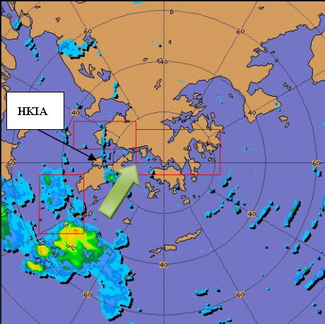 Radar image on 10:30 a.m. 14 May 2013 showed a cluster of echoes moved into the arrival corridor from the SW. 