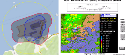 Sample layout of updated ATLAS display on AMIDS. Area enclosed by blue line is the Zone A, and area inside the red line is Zone B.  The yellow circle marks the 5 km range from the airport.