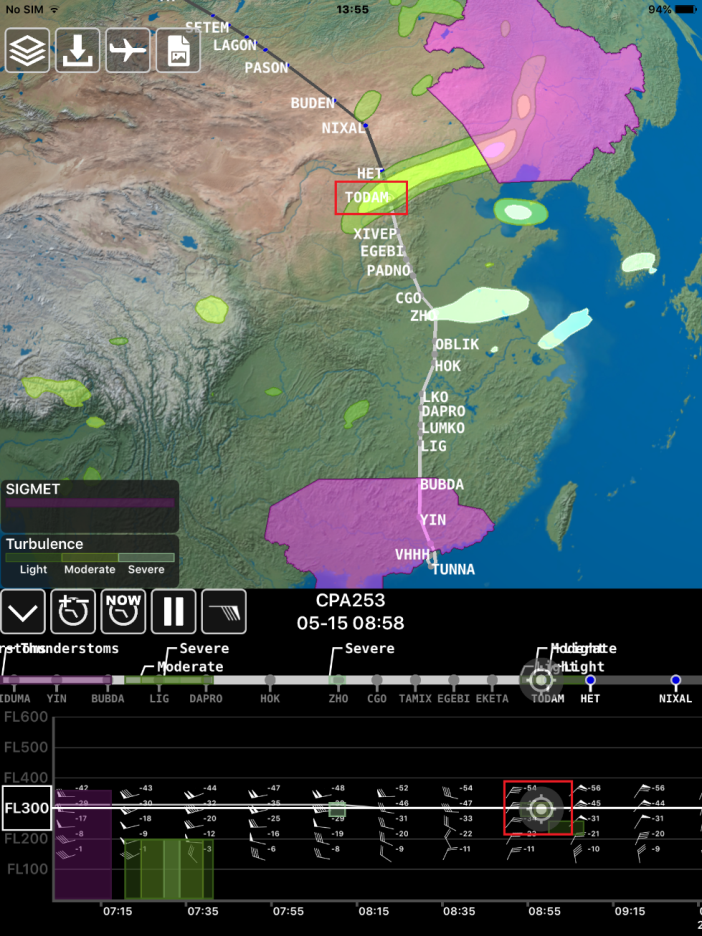 One of the benefits of using an EFB MET application is that it allows the pilots to visualize hazards or potential hazards with ease which is especially important for busy cockpits.  In this example, one can quickly realize that cruising at flight level FL340 could be a better choice in view of turbulence avoidance than FL270-320.