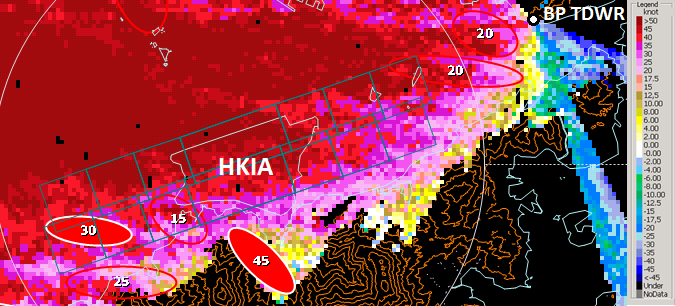 Radial velocity image from the Brothers Point Terminal Doppler Weather Radar (BP TDWR) taken at 6:55 a.m. on 27 August 2017.