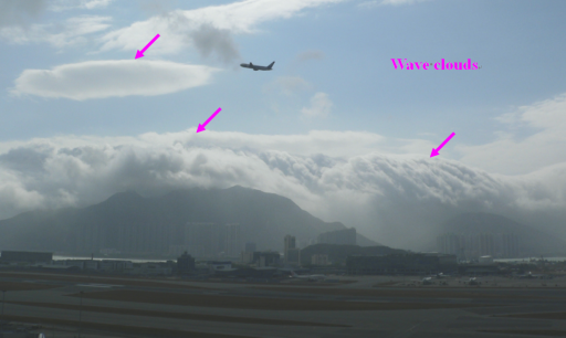 Wave clouds appearing like a waterfall formed over the downwind side of the range of mountains to the southeast of the HKIA on the morning of 22 February 2009.
