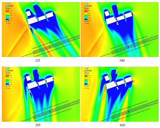 Examples of the numerical simulation results of the wind fields associated with the hangars in prevailing north to northwesterly winds