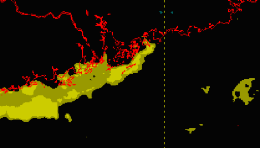 The enhanced satellite image for 15 UTC on 27 February 2011 showed signatures of low clouds or fog (yellow colour) over the coastal waters of Guangdong.