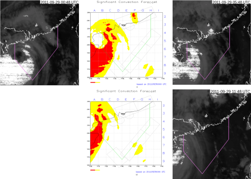 6-hour forecast (upper middle) and 12-hour forecast (lower middle) of convective cloud clusters generated by HKO's satellite convection cloud prediction system based on the deep convection satellite image at 00 UTC on 29 September 2011 (left) when Typhoon Nesat was moving across the northern part of the South China Sea.  The red regions represent deep convection in the forecast.  On the right are satellite images taken at the forecast time where deep convection is shown in bright white. 