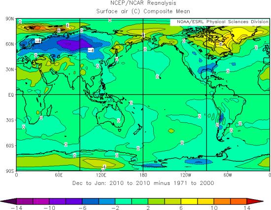 Figure 1 Global surface temperature anomaly (difference from 1971-2000 average) for the period from December 2009 to January 2010