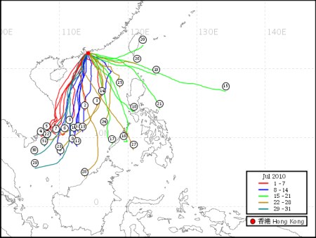 Figure 4 July 2010 - tracks of air reaching Hong Kong, over a 3-day period