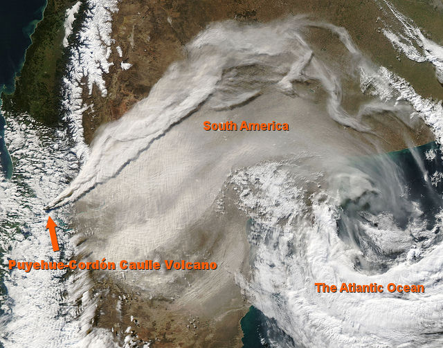 Figure 1 The MODIS instrument on NASA's Aqua satellite captured this visible image of the ash plume from the eruption of Chile's Puyehue-Cordón Caulle volcano on June 12, 2011 at 18:05 UTC. The ash plume was blowing to the northeast and getting drawn into a low pressure area over the Atlantic Ocean.