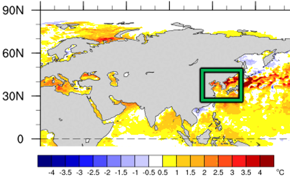 Green box indicating the sea surface temperature anomaly in the seas near the Korean Peninsula (24 to 30 November).