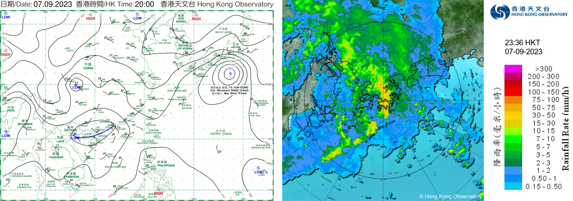 9月7日晚上8時的天氣圖及晚上11時30分的雷達圖。