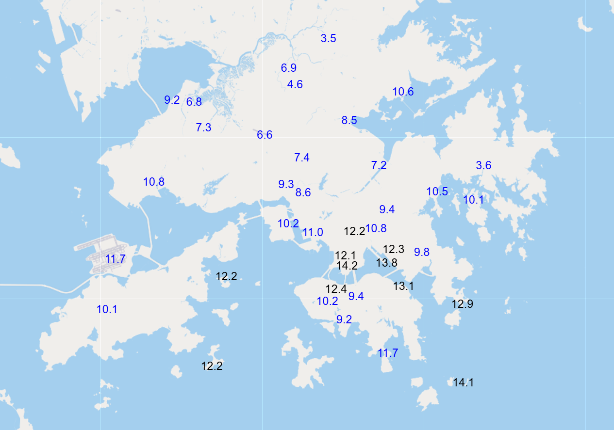 Minimum temperature distribution across various stations on 10 January (in degrees Celsius), showing a difference of over ten degrees between urban and some areas in the New Territories
