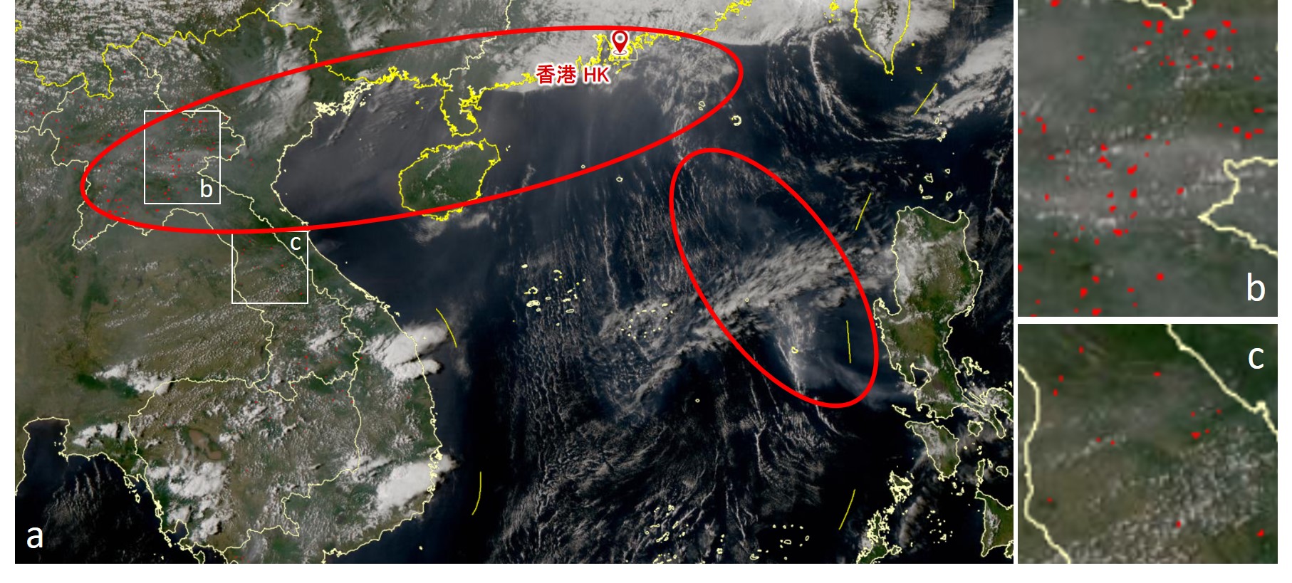 圖4: 2024年4月1日16時00分的FY-4B真彩圖像(紅點為FY-4B探測到的熱點,表示中南半島多區發生山火)(資料來源︰中國氣象局國家衛星氣象中心)。