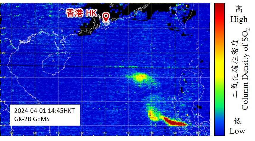 圖8︰GK-2B於2024年4月1日14時45分左右量度得的二氧化硫柱密度(資料來源:韓國國家環境研究院)。
