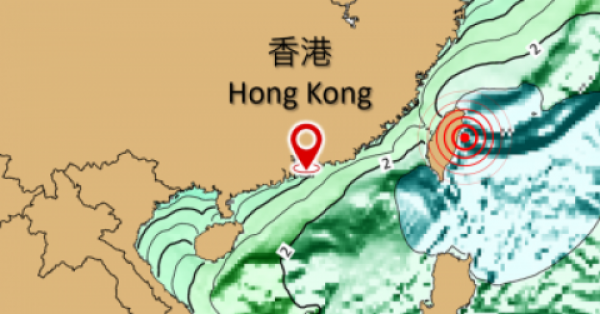 A weather map shows a typhoon approaching the eastern coast of Hong Kong with concentric circles indicating a tsunami warning and areas of intense storm activity.