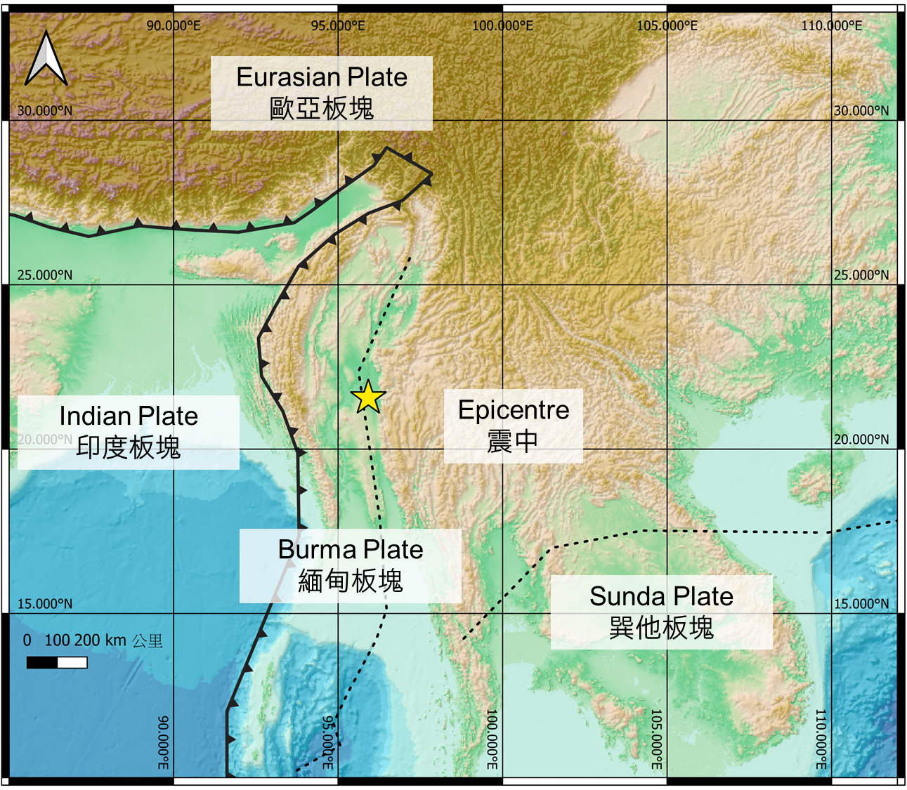 The tectonic setting near Myanmar, showing the Eurasian-Indian Plate boundary (thick black line), Burma-Sunda Plate boundaries (dashed black line), and the epicentre(yellow star) of the Myanmar 7.6 earthquake on 28 March 2025.