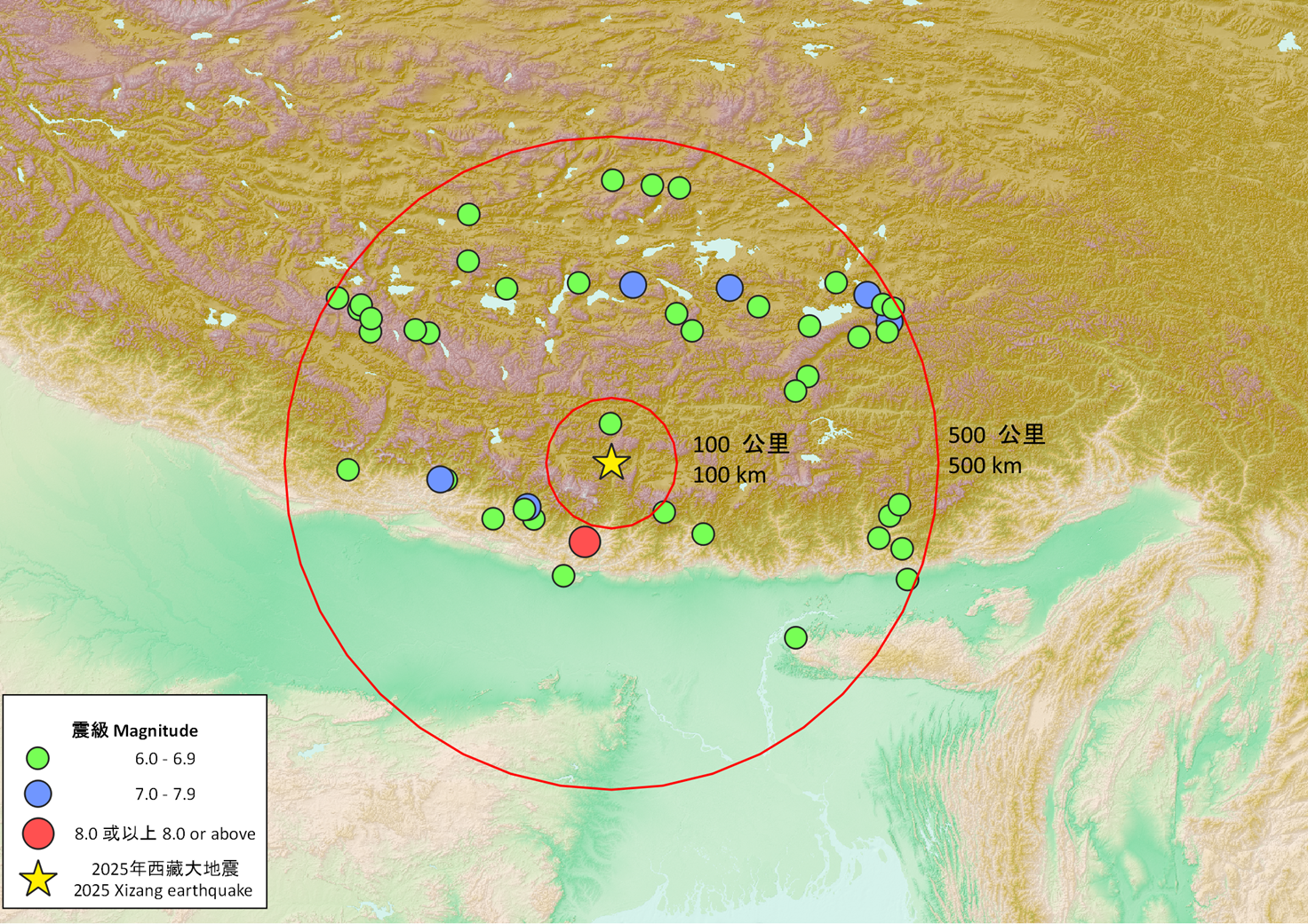 2025年1月西藏7.1級地震震中的500公里內自1908年以來6級或以上的地震分佈圖