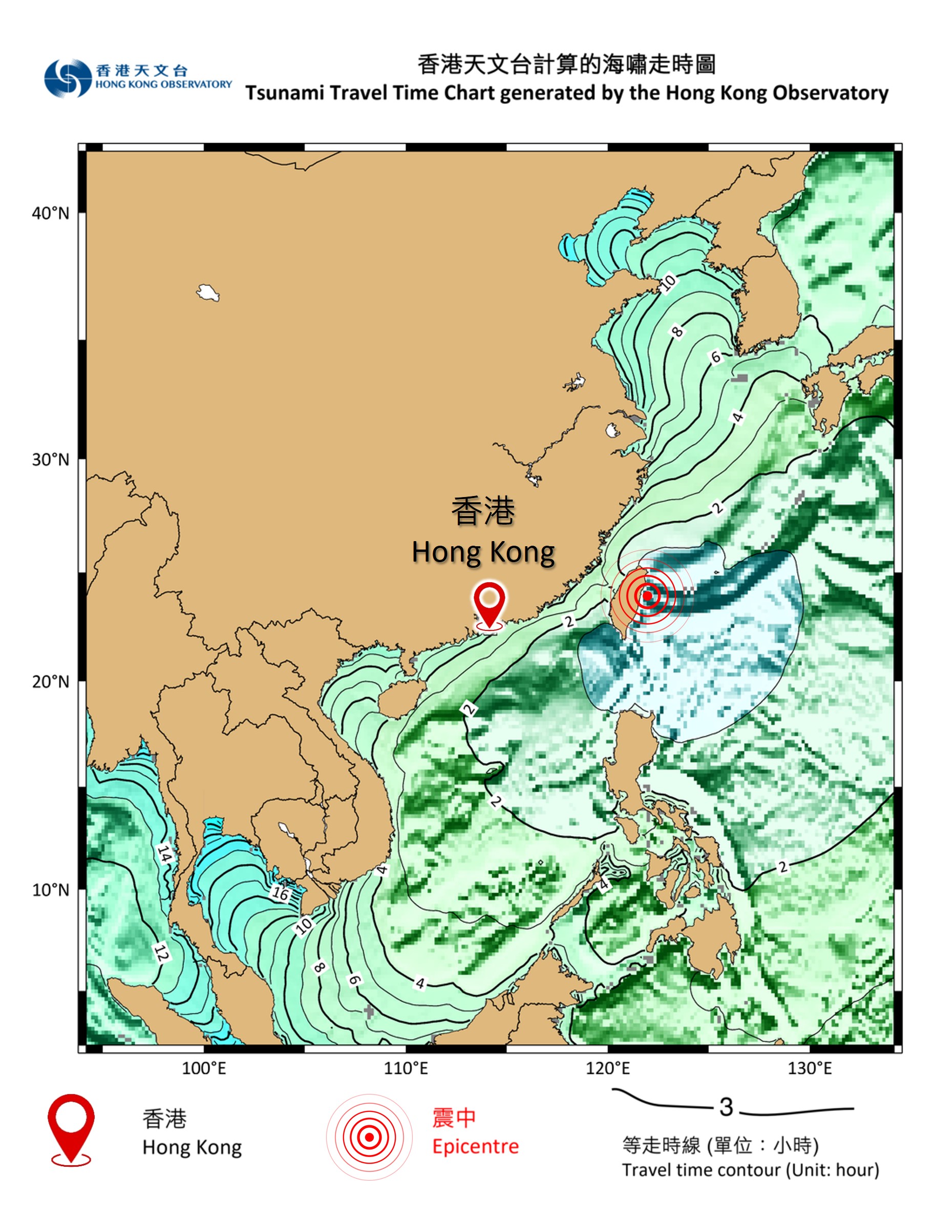 Tsunami Travel Time chart for the 2024 Hualian earthquake