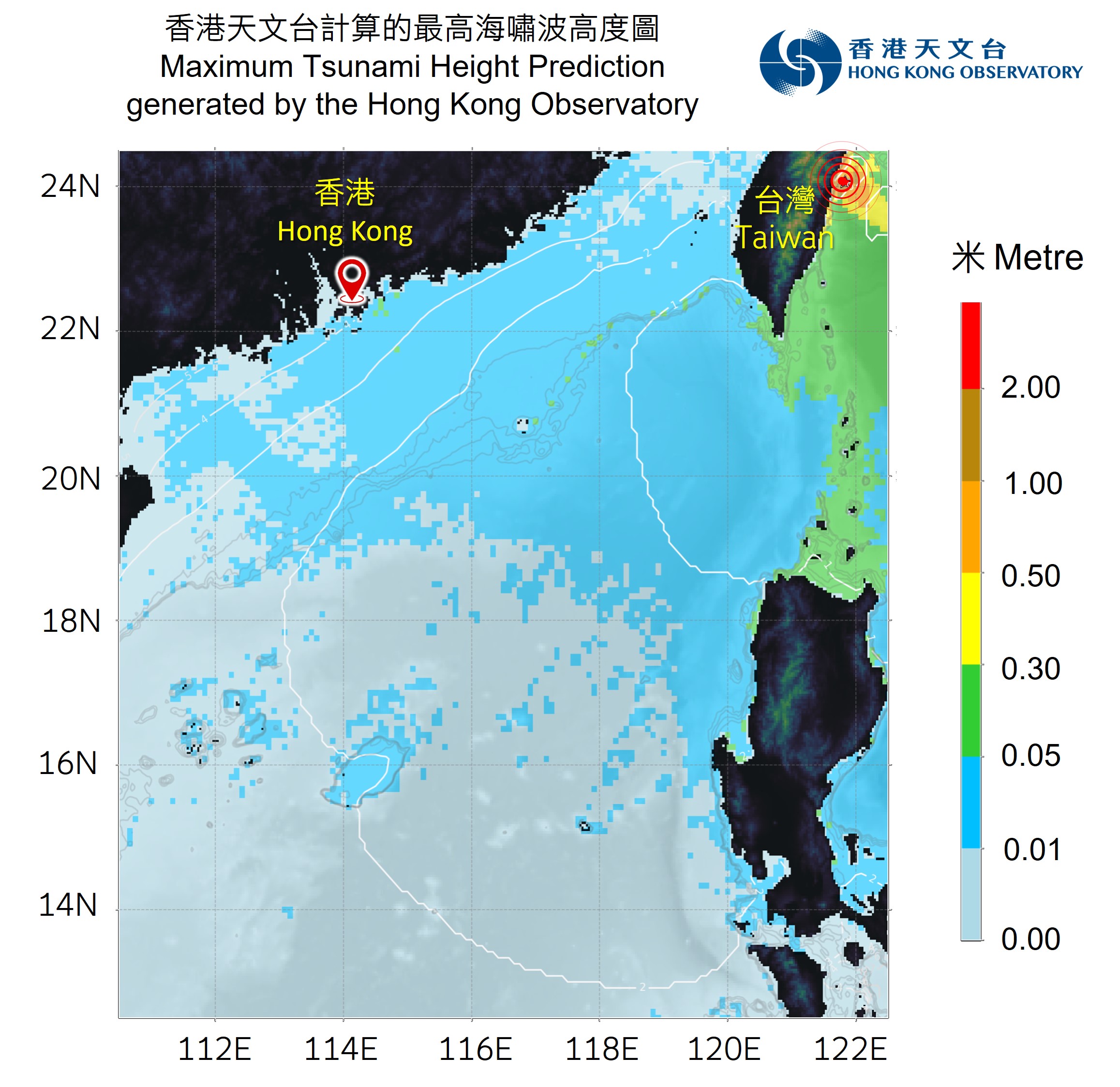 The predicted tsunami wave height and tsunami travel time of the 2024 Hualian earthquake event