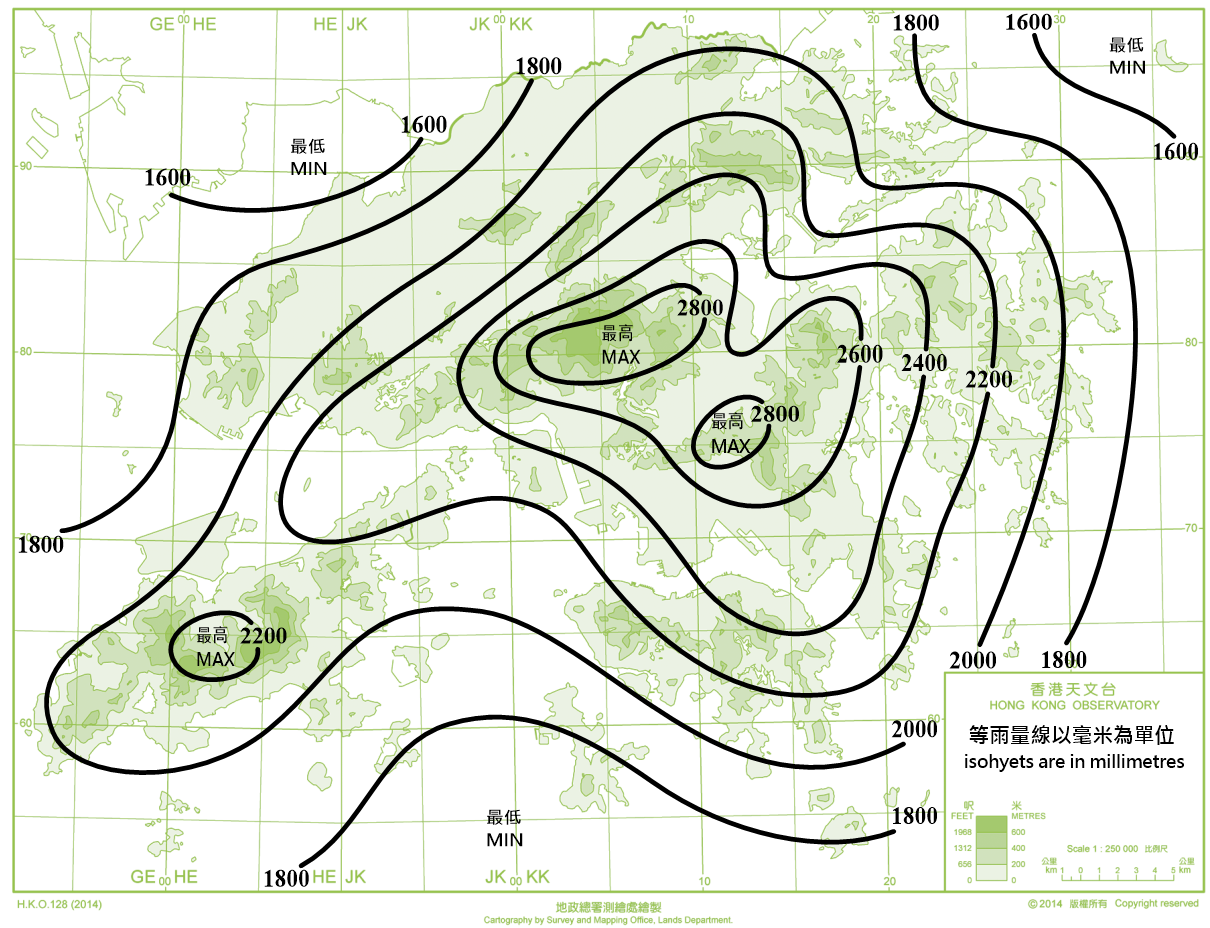 Average annual rainfall distribution in Hong Kong