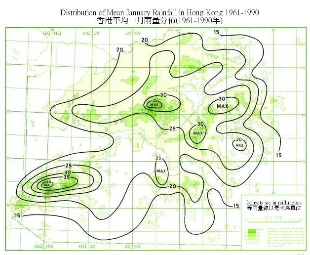 Distribution Map of Mean January Rainfall in Hong Kong (1961-1990)