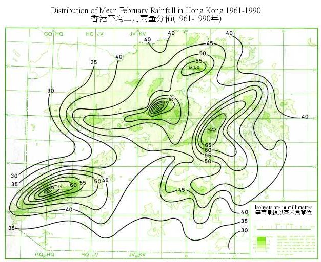 Distribution Map of Mean February Rainfall in Hong Kong (1961-1990)