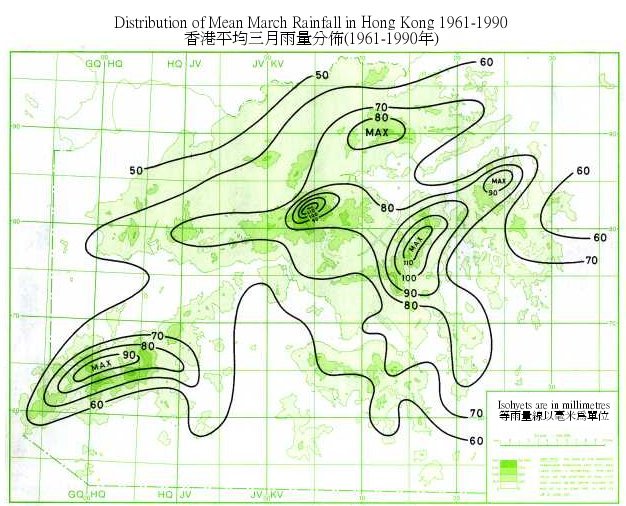 Distribution Map of Mean March Rainfall in Hong Kong (1961-1990)