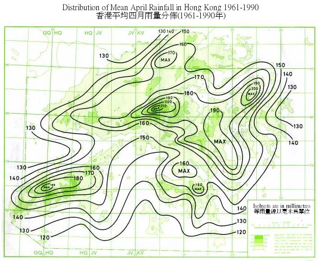 Distribution Map of Mean April Rainfall in Hong Kong (1961-1990)