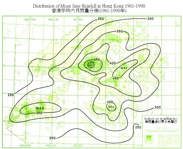 Distribution Map of Mean June Rainfall in Hong Kong (1961-1990)