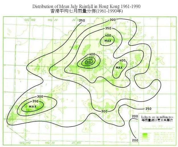 Distribution Map of Mean July Rainfall in Hong Kong (1961-1990)