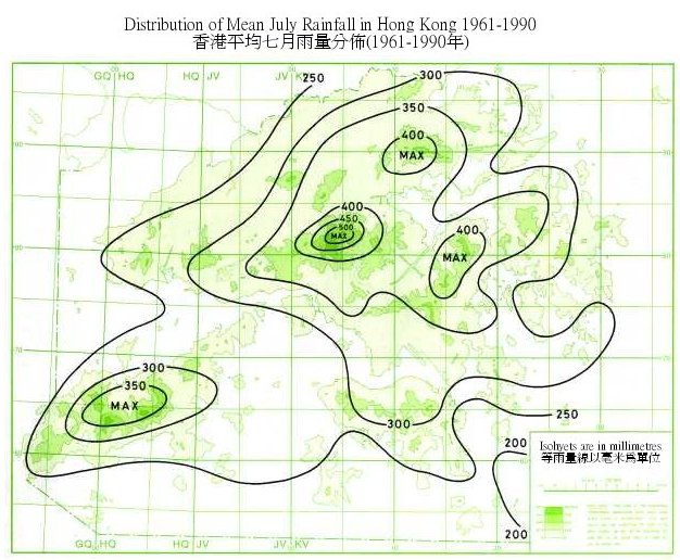Distribution Map of Mean July Rainfall in Hong Kong (1961-1990)