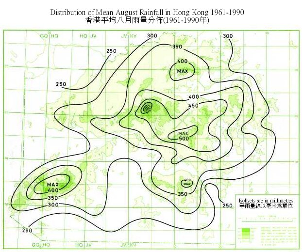 Distribution Map of Mean August Rainfall in Hong Kong (1961-1990)