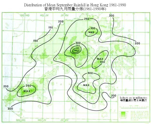 Distribution Map of Mean September Rainfall in Hong Kong (1961-1990)