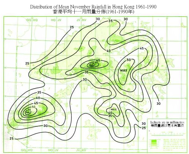 Distribution Map of Mean November Rainfall in Hong Kong (1961-1990)