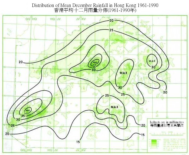 Distribution Map of Mean December Rainfall in Hong Kong (1961-1990)