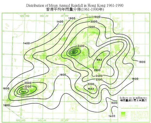 Distribution Map of Mean Annual Rainfall in Hong Kong (1961-1990)