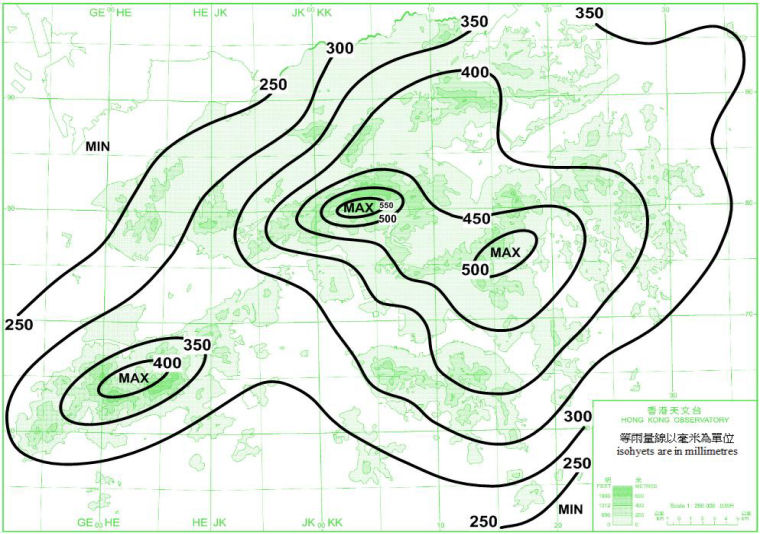 Distribution Map of Mean June Rainfall in Hong Kong (1971-2000)